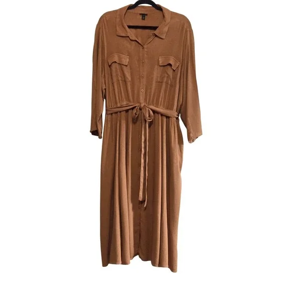 Torrid Women's Mustard, Button Front Midi Shirt Dress Tie Waist Pockets Size 2 - Picture 1 of 9